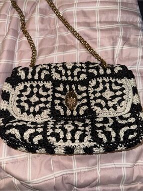 Kurt Geiger Black and Cream Crochet Chain Crossbody Bag